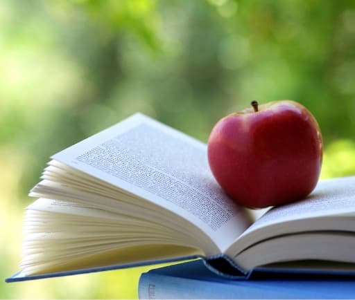 red apple sitting in an open book